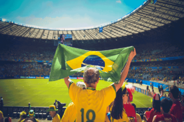 Torcedor de costas, com uma camisa da seleção brasileira de futebol levantando uma bandeira do Brasil dentro de um estádio, com o campo a frente de si.